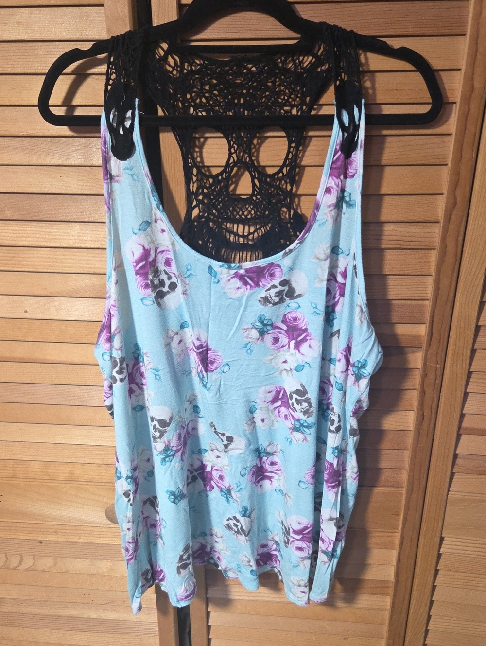 Midnight Hour Women's Light Teal Floral Skull Tank with Crocheted Back